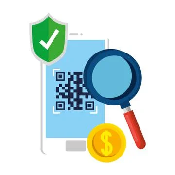 Qr code inside smartphone shield and lupe vector design Stock Illustration