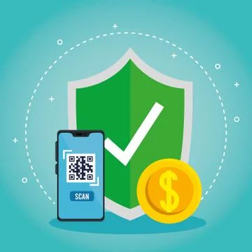 Qr code inside smartphone shield and coin vector design Stock-Illustration