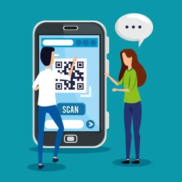 Qr code inside smartphone woman man and bubble vector design Stock Illustration