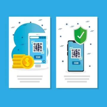 Qr code inside smartphones coins and shield vector design Stock Illustration