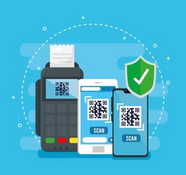 Qr code inside smartphones dataphone and shield vector design Stock-Illustration