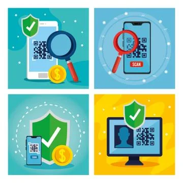 Qr code inside smartphones lupe shield and computer vector design 库存插图