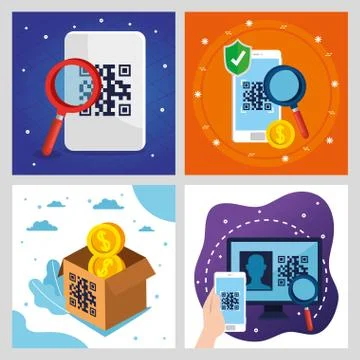 Qr code inside smartphones lupe computer and box vector design Stock Illustration