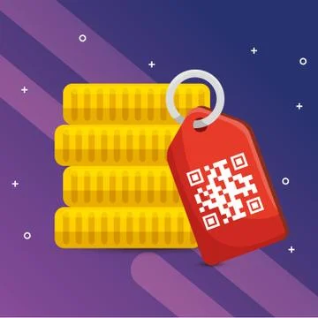 Qr code label and coins vector design Stock Illustration