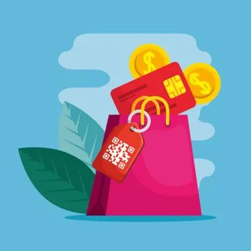 Qr code label bag credit card coins and leaves vector design Stock-Illustration