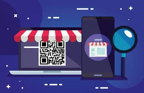 Qr code laptop smartphone and lupe vector design Illustrazione stock
