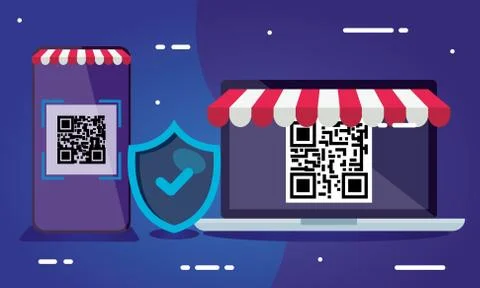 Qr code laptop smartphone and shield vector design Illustrazione stock