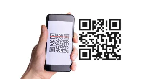 Qr code mobile. Hand holding digital mobile smart phone with qr code scanner  Foto stock