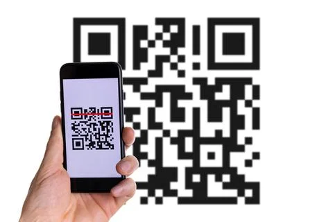 Qr code mobile. Hand holding digital mobile smart phone with qr code scanner  Foto stock