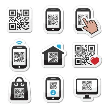 QR code on mobile or cell phone icons set Stock Illustration