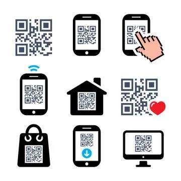 QR code on mobile or cell phone icons set Stock-Illustration