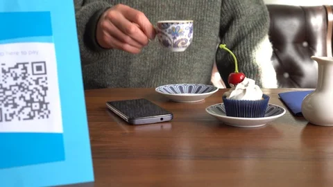QR Code Mobile Payment System in the cafe Video stock 103216845