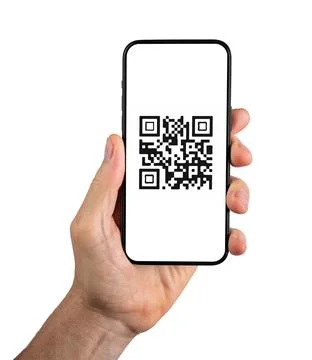 QR code on mobile phone app. QRcode scanner, reader app in hand isolated Stock Photos