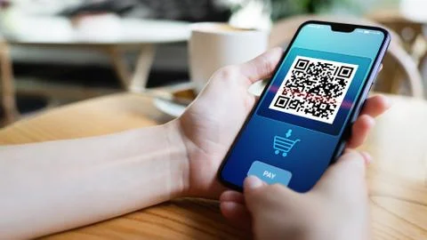 QR code mobile phone scan on screen. Business and technology concept. 스톡 사진