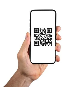 QR code on mobile phone screen in hand. QRcode on smartphone display isolat.. Foto stock
