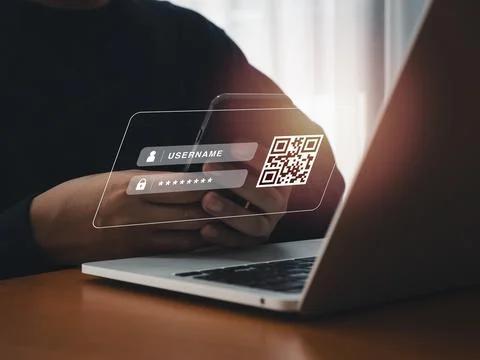 QR Code, multi factor authentication security concept. Digital QR code scan.. Stock Photos