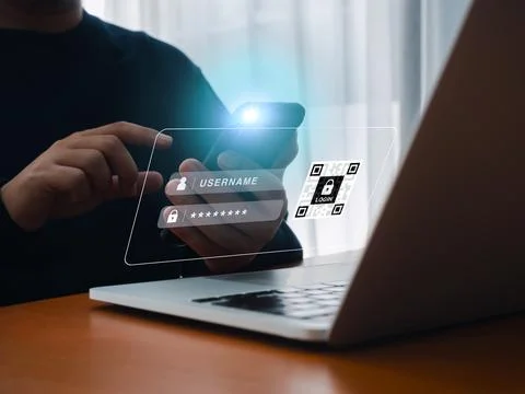 QR Code, multi factor authentication security concept. Digital QR code scan.. Stock Photos