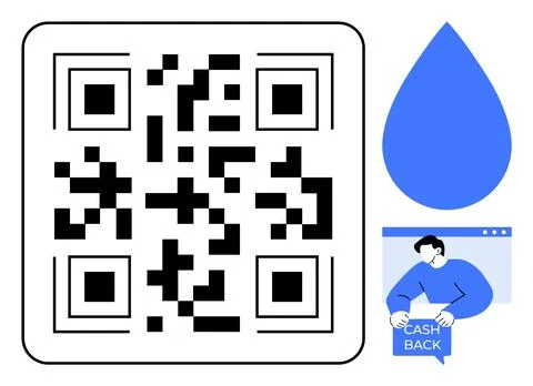 QR Code Next to Blue Drop and Person Holding Cash Back Sign with Web Window Stock Illustration