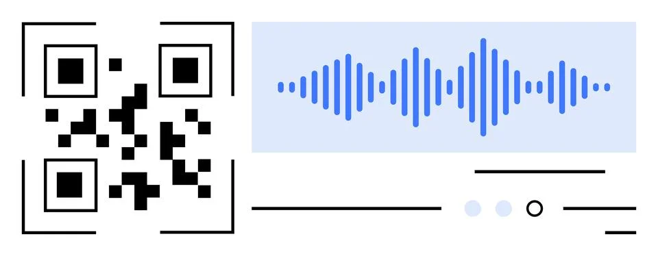 QR code next to blue sound waveform and minimalistic interface elements. Idea Stock Illustration
