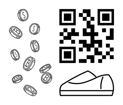 QR code next to cascading coins and shoe. Ideal for e-commerce, digital trans イラスト素材