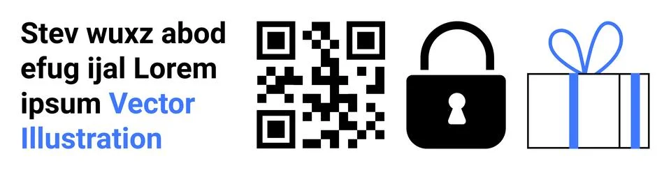 QR code next to padlock symbol and gift box illustration. Ideal for security, Stock-Illustration