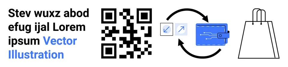QR code next to text, arrows depicting transaction flow to wallet, shopping b Stock Illustration