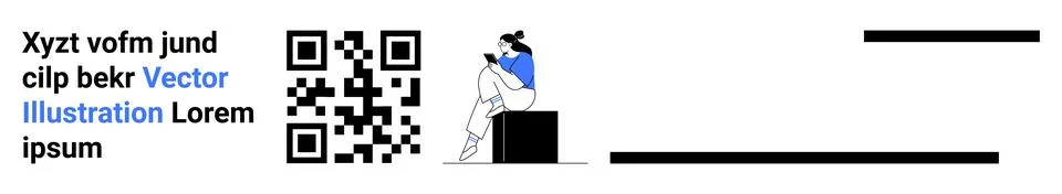 QR code next to text, person seated using mobile phone, blue highlights. Idea Illustrazione stock