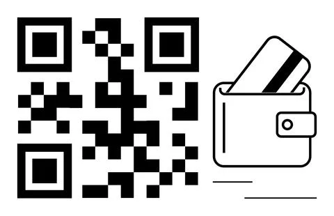 QR code next to a wallet containing a credit card, indicating digital payment Stock-Illustration