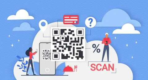 QR code, online money, tiny people with mobile phones scan barcodes for cashless Stock Illustration
