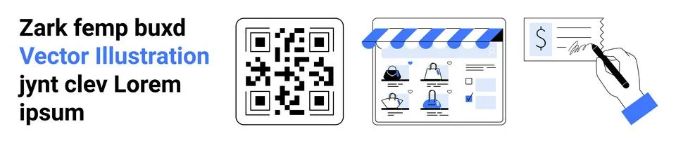 QR code, online shopping app interface, and hand signing check symbolize e-co Illustrazione stock