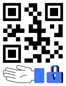 QR code, outstretched hand, blue padlock. Ideal for digital security, data pr Stock-Illustration
