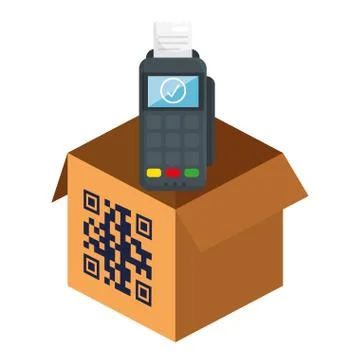 Qr code over box and dataphone vector design Illustrazione stock