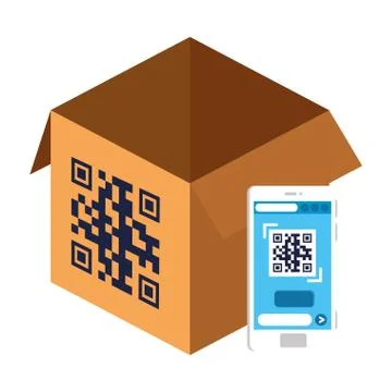 Qr code over box and smartphone vector design Stock-Illustration