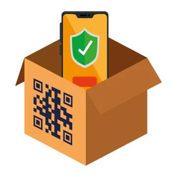 Qr code over box and smartphone vector design Stock-Illustration