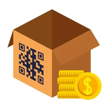Qr code over box and coins vector design Stock Illustration