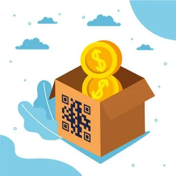Qr code over box and coins vector design Stock Illustration