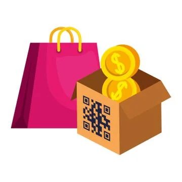 Qr code over box bag and coins vector design Stock Illustration