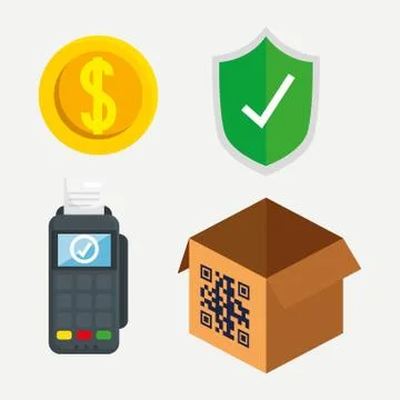 Qr code over box coin shield and dataphone vector design 스톡 일러스트