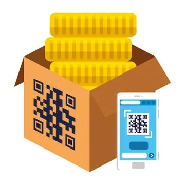 Qr code over box coins and smartphone vector design Illustrazione stock