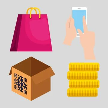 Qr code over box coins bag and smartphone vector design 스톡 일러스트