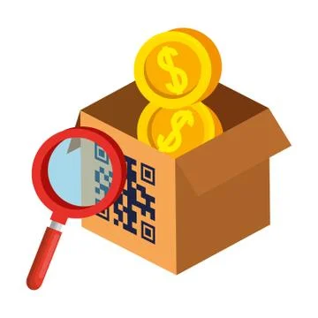 Qr code over box lupe and coins vector design Stock Illustration