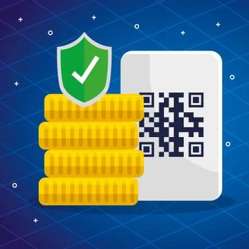 Qr code over receipt coins and shield vector design Stock Illustration