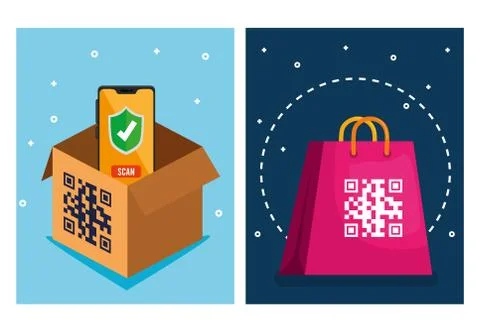 Qr code over shopping bag box and smartphone vector design Stock-Illustration