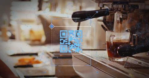 QR code overlaying coffee machine, illustrating digital payment in modern cafe Stockillustratie