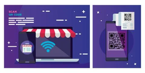 Qr code paper smartphone and laptop vector design 스톡 일러스트