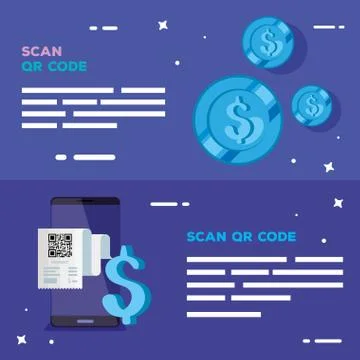Qr code paper smartphone dollar and coins vector design Stock Illustration