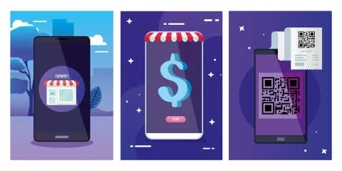 Qr code paper smartphones dollar and store vector design Stock-Illustration
