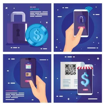 Qr code paper smartphones padlock and coin vector design Stock-Illustration