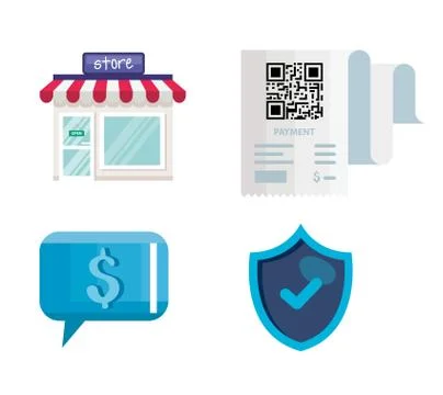 Qr code paper store dollar bubble and shield vector design Stock Illustration