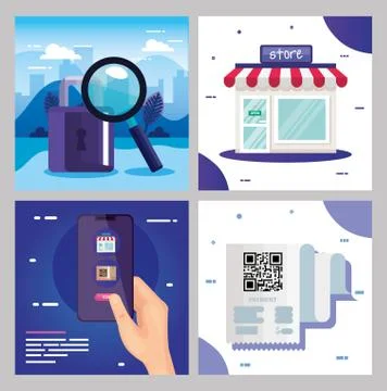 Qr code paper store padlock smartphone and lupe vector design Illustrazione stock